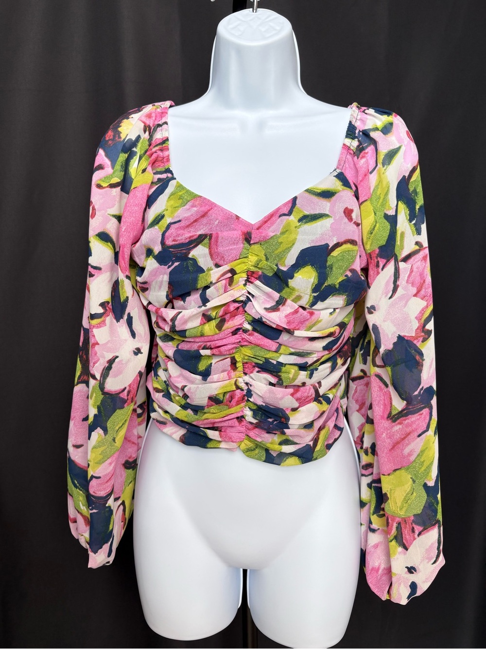 🛍️ Abercrombie Smocked Floral Top with Mesh Puffy Sleeves